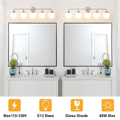POWLIG 38.98" Vanity Light Fixture, 5-Light Bathroom Mirror Lighting with Milk White Glass Shades