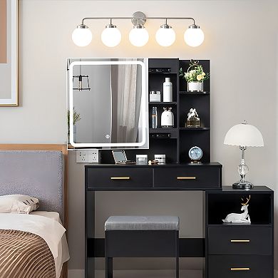 POWLIG 38.98" Vanity Light Fixture, 5-Light Bathroom Mirror Lighting with Milk White Glass Shades