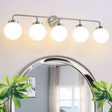 POWLIG 38.98" Vanity Light Fixture, 5-Light Bathroom Mirror Lighting with Milk White Glass Shades