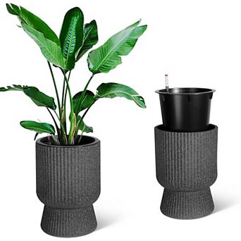 14.2 in Planters Set of 2, Outdoor＆Indoor Black Planters with Inner Bucket and Water Level Monitor