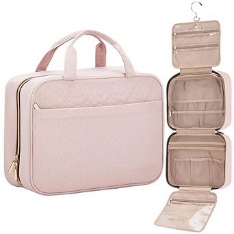 Travel Toiletry Bag for women, Portable Hanging Organizer for Full-Sized Shampoo, Large Size, Pink