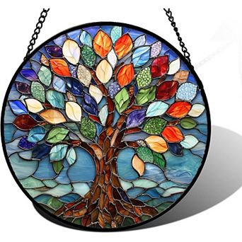 Stained Glass Window Hanging, Colorful Tree of Life Sun Catchers Glass Panel Blue Suncatcher 6.3 in