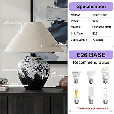 POWLIG Modern Ceramic Table Lamp 15.75",Textured Base with Linen Shade for Bedroom Living Room Decor