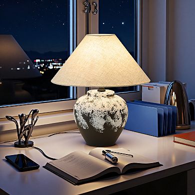 POWLIG Modern Ceramic Table Lamp 15.75",Textured Base with Linen Shade for Bedroom Living Room Decor