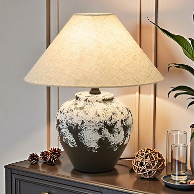 POWLIG Modern Ceramic Table Lamp 15.75",Textured Base with Linen Shade for Bedroom Living Room Decor
