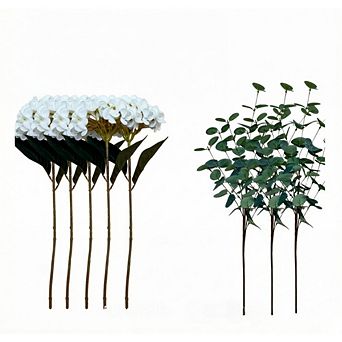 Great Ambitions Realistic White Faux Hydrangea Eucalyptus Centerpiece for Table Decor