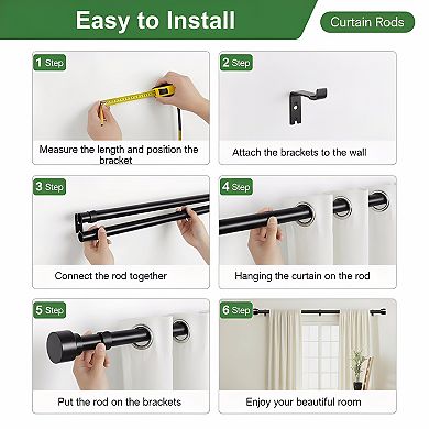 Black Curtain Rods Adjustable Heavy Duty with End Caps