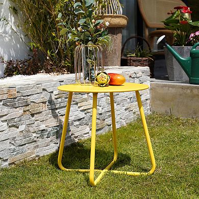 18 Inch Round Metal Outdoor Side Table Zinc Coated Tabletop Adjustable Feet Steel Frame