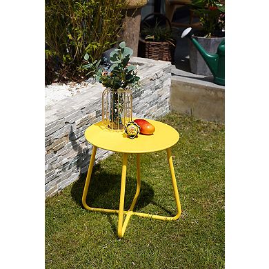 18 Inch Round Metal Outdoor Side Table Zinc Coated Tabletop Adjustable Feet Steel Frame