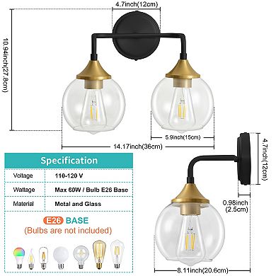 POWLIG 14.17" Vanity Light, 2-Light Dimmable Bathroom Fixture with Clear Glass Shades