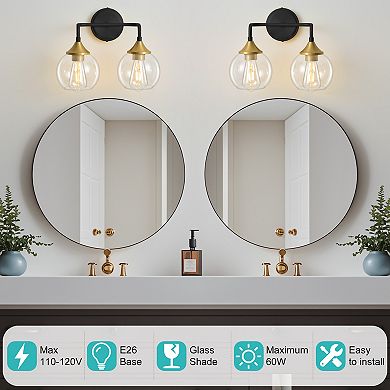 POWLIG 14.17" Vanity Light, 2-Light Dimmable Bathroom Fixture with Clear Glass Shades