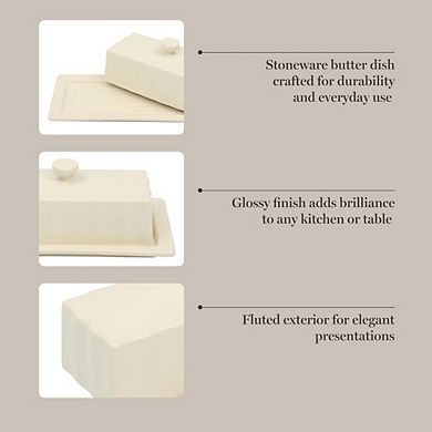 Great Ambitions Stoneware Butter Dish with Lid, Cream Glaze, 8.1x4.4x3", Dishwasher Safe