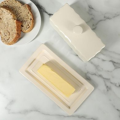 Great Ambitions Stoneware Butter Dish with Lid, Cream Glaze, 8.1x4.4x3", Dishwasher Safe