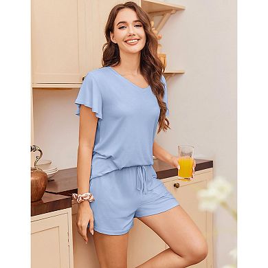 Ekouaer 2 Pack Women's Pajamas Set Soft Ruffle Sleeve Pjs Set Casual V Neck Lounge Set with Pockets