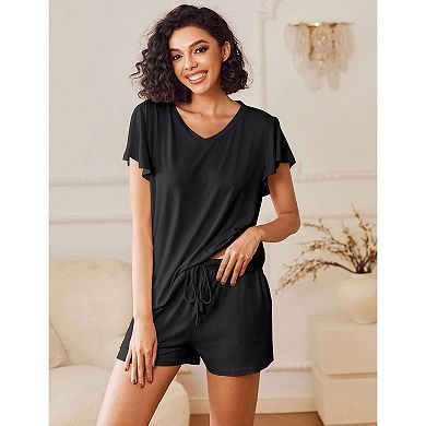 Ekouaer 2 Pack Women's Pajamas Set Soft Ruffle Sleeve Pjs Set Casual V Neck Lounge Set with Pockets