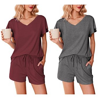 Ekouaer 2 Pack Women's Pajamas Set Soft Ruffle Sleeve Pjs Set Casual V Neck Lounge Set with Pockets