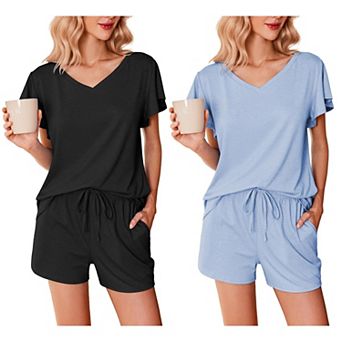 Ekouaer 2 Pack Women's Pajamas Set Soft Ruffle Sleeve Pjs Set Casual V Neck Lounge Set with Pockets