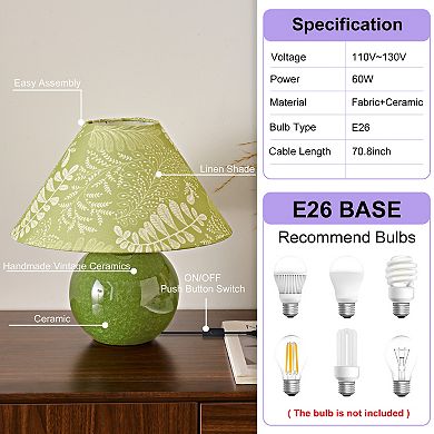 POWLIG Crackle Glaze Ceramic Table Lamp - 11.81" Farmhouse Style Decorative Lighting