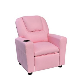 23-Inch Wide Pink PU Leather Kids' Recliner with Cup Holder, Non-Removable Seat and Back Cushions