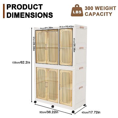 Portable Storage Wardrobe 6 Magnetic Doors 2 Hanging Rods Cream White