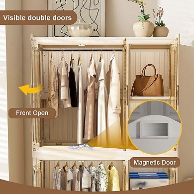 Portable Storage Wardrobe 6 Magnetic Doors 2 Hanging Rods Cream White