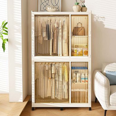 Portable Storage Wardrobe 6 Magnetic Doors 2 Hanging Rods Cream White