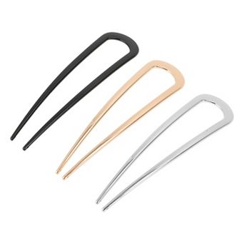 Fashion 4.33"x1.18" U-shaped Hair Pin for Women 3 pc Gold Silver Black