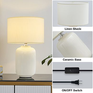 POWLIG 19.2" Ceramic Farmhouse Table Lamp with Linen Shade Decorative Accent Lighting for Bedroom