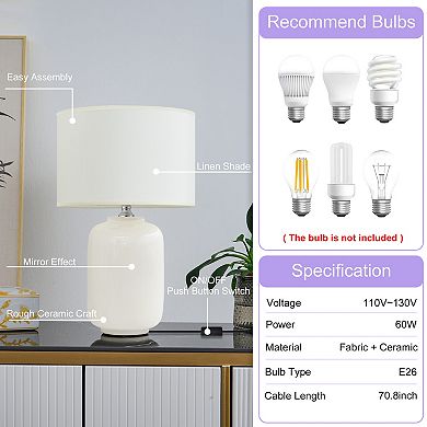 POWLIG 19.2" Ceramic Farmhouse Table Lamp with Linen Shade Decorative Accent Lighting for Bedroom