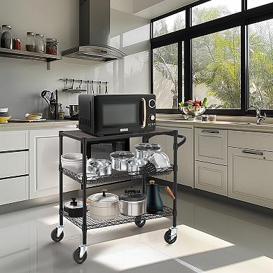3 Tier Utility Cart - Wood Top, 600 lbs Capacity, Multi-Functional, Anti-Rust