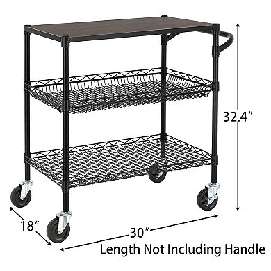 3 Tier Utility Cart - Wood Top, 600 lbs Capacity, Multi-Functional, Anti-Rust