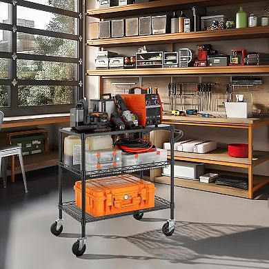 3 Tier Utility Cart - Wood Top, 600 lbs Capacity, Multi-Functional, Anti-Rust