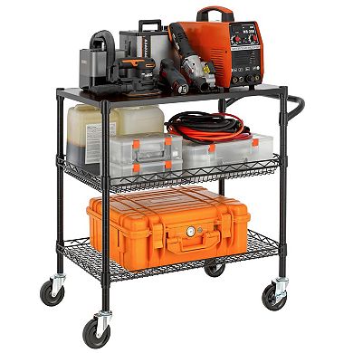 3 Tier Utility Cart - Wood Top, 600 lbs Capacity, Multi-Functional, Anti-Rust