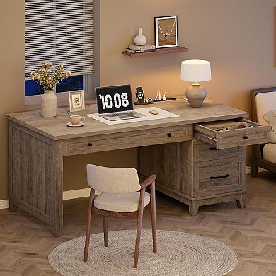 54in Wooden Executive Desk with Charging Station Home Office