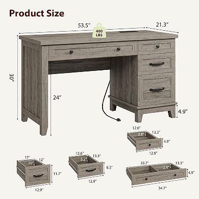 54in Wooden Executive Desk with Charging Station Home Office