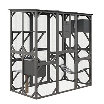 ANIXOL Walk-In Outdoor Wood Catio Enclosure with Platforms Roof and Hammock