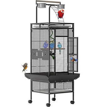 60 Inch Wrought Iron Large Bird Cage with Rolling Stand,Metal Parrot Cage with Play Top & 4 Bowls