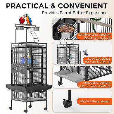 60 Inch Wrought Iron Large Bird Cage with Rolling Stand,Metal Parrot Cage with Play Top & 4 Bowls