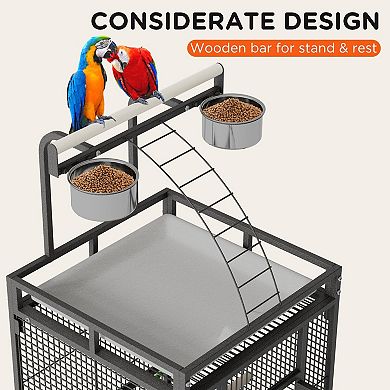 60 Inch Wrought Iron Large Bird Cage with Rolling Stand,Metal Parrot Cage with Play Top & 4 Bowls