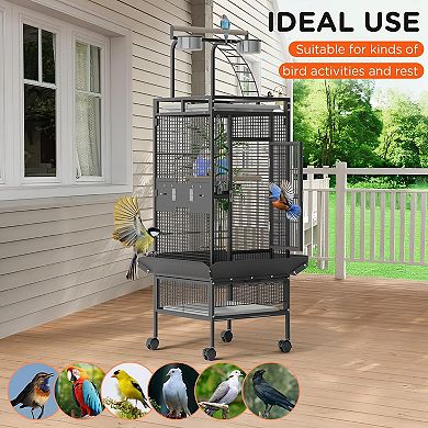 60 Inch Wrought Iron Large Bird Cage with Rolling Stand,Metal Parrot Cage with Play Top & 4 Bowls