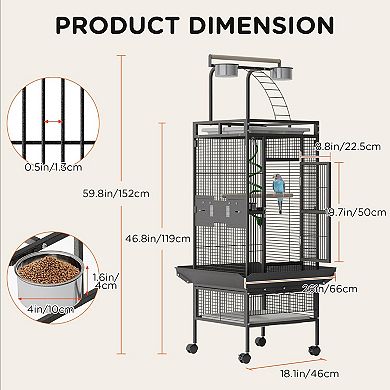 60 Inch Wrought Iron Large Bird Cage with Rolling Stand,Metal Parrot Cage with Play Top & 4 Bowls
