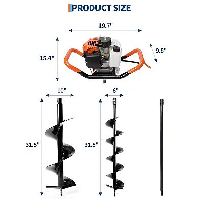 52cc 2-Stroke Gas Powered Earth Auger, Post Hole Digger with 2 Auger Bits and 3 Extension Rods