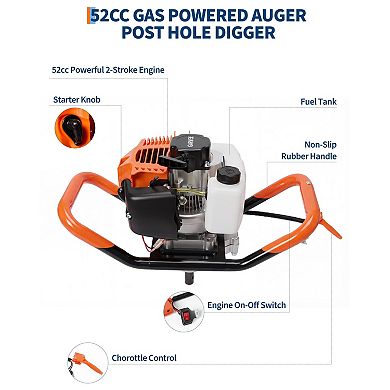 52cc 2-Stroke Gas Powered Earth Auger, Post Hole Digger with 2 Auger Bits and 3 Extension Rods
