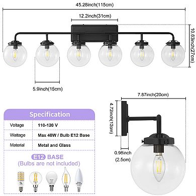 POWLIG Modern Vanity Light Fixture - 6-Light Bathroom Mirror Lighting with Clear Glass Globe Shades