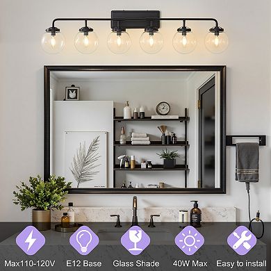 POWLIG Modern Vanity Light Fixture - 6-Light Bathroom Mirror Lighting with Clear Glass Globe Shades