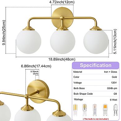 POWLIG 18.89" 3-Light Modern Bathroom Vanity Light with Milk White Glass Globe Shades