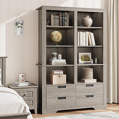 72in Tall Farmhouse 8 Tier Double Wide Bookcase 4 Drawers