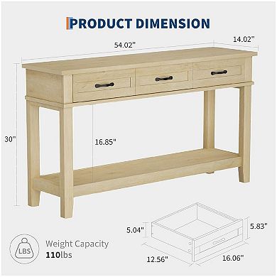 Entryway Table, Console Table with 3 Storage Drawers, 2 Tier Farmhouse Wooden Sofa Table