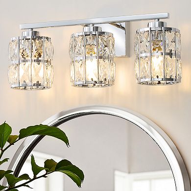 POWLIG 3-Light Dimmable Vanity Light 18.9" Bathroom Fixture with Cylinder Bilayer Crystal Shade