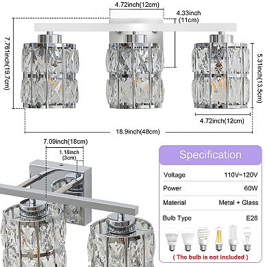 POWLIG 3-Light Dimmable Vanity Light 18.9" Bathroom Fixture with Cylinder Bilayer Crystal Shade